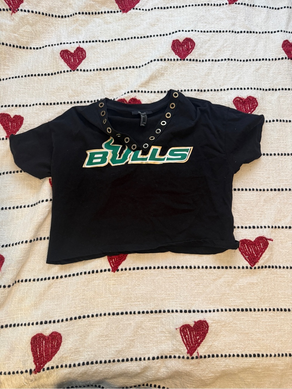 Forever 21 Black 'Bulls' Graphic Crop Tee with Eyelet Neck